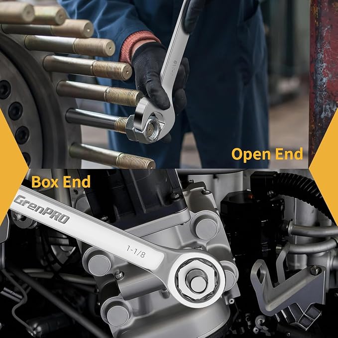 GRENPRO 7PC SAE Large Wrench Set Combination Open End Wrench Big Wrenches | Includes 15/16" 1" 1-1/16" 1-1/8" 1-3/16" 1-1/4" Long Wrenches, 15° Offset 12pt Box End, Roll-Up Pouch & Gauge, CR-V Steel