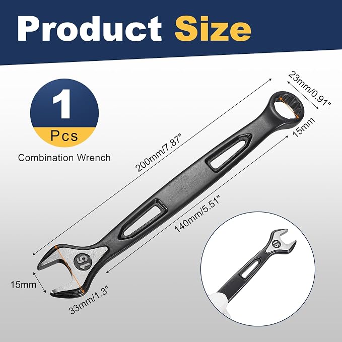 HARFINGTON Combination Wrench 15mm Metric Extra Long 12-Point Box and Open End Carbon Steel Double Ended Industrial Grade Spanner for Automotive Furniture Machinery DIY Repair, Black