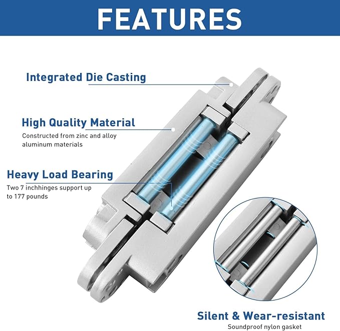 TamBee Concealed Hinge Hidden Door Hinges for Secret Door - Silver, 3 Way Adjustable, Zinc Alloy, Concealed for Hidden Door, Bookcase Door and Secret Doors 7 Inch (1 Hinge)