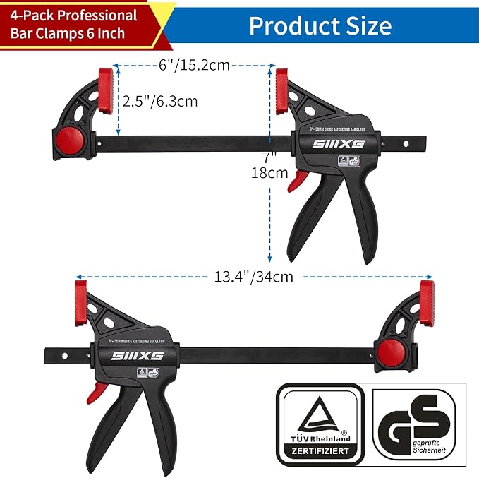 6" Bar Clamps for Woodworking, 4-Pack One-Handed Wood Clamps/Spreader, Quick-Release F Clamps Set, 177 lbs Load Limit with GS Certificate