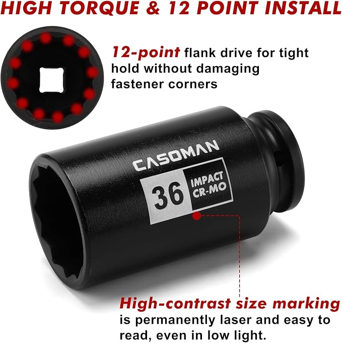 CASOMAN 1/2-Inch Drive Deep Spindle Axle Nut Impact Socket Set,12-Point, Metric, CR-MO, 29, 30, 32, 34, 35, 36, 38, 39mm, 8-Piece 1/2" Heavy Duty Impact Socket Set