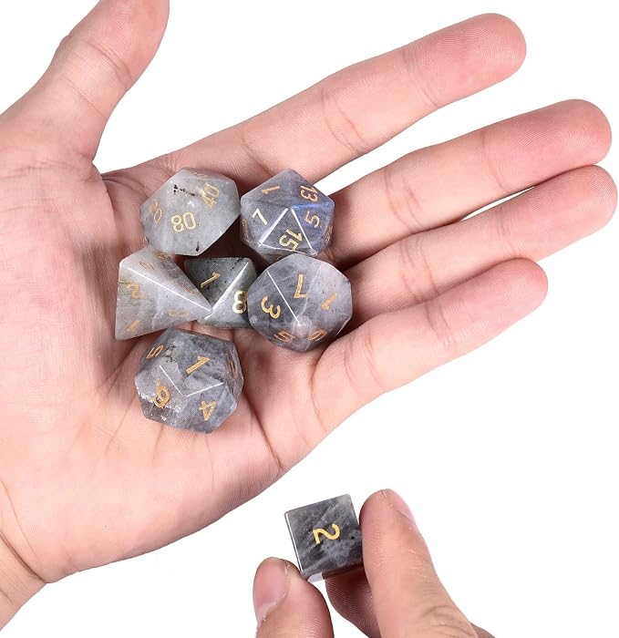 mookaitedecor 7 PCS Labradorite Crystal Polyhedral DND Dice Set, Polished Tumbled Stones Dices for RPG MTG Table Games Home Decoration
