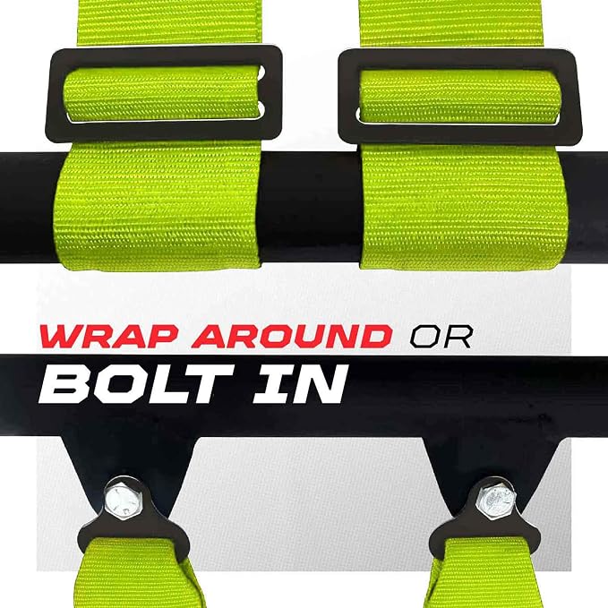 1pc 50 Cal Fluorescent Green 4 Point Harness 2in, Racing Harness Seat Belt | Ultra Kush padding, Push Button quick release hardware. Universal Fit for UTV, RZR, race car
