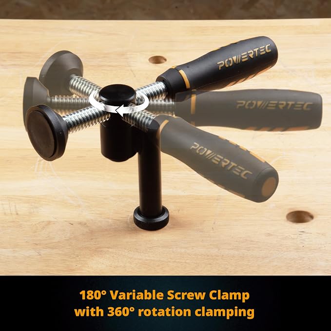 POWERTEC 71774-P2 180° Variable Screw Clamp, Quick-Acting Swivel, Fits 3/4" Bench Dog Holes, Woodworking Clamps Series - 2 Pack