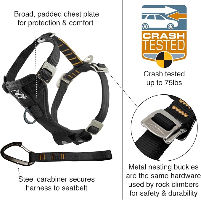Kurgo Enhanced Strength Tru-Fit Smart Harness, Black, Extra Large | Crash Tested Car Harness for Dogs up to 75Lbs, Seatbelt Tether & Steel Carabiner, All-Steel Buckles, Padded Chest for Comfort