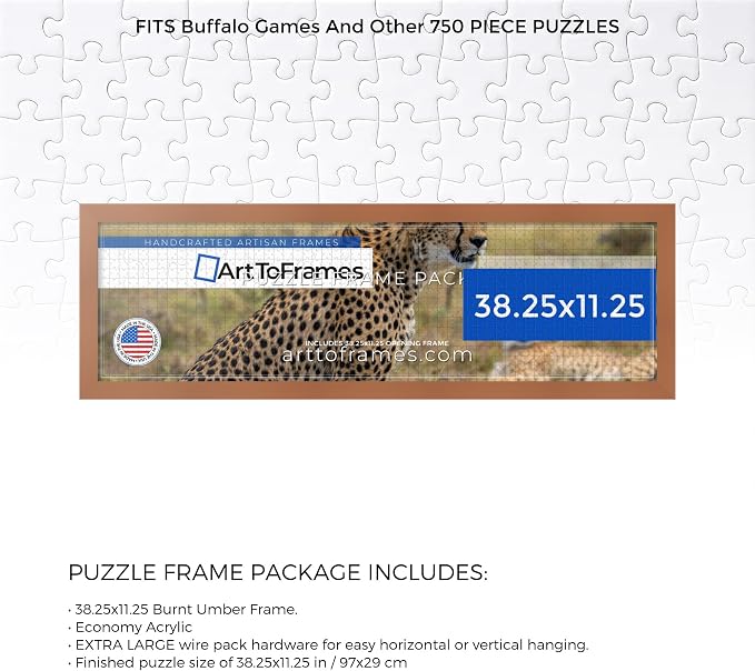 ArtToFrames Puzzle Frame for Buffalo Games 750 Piece Jigsaw Puzzles, 38.25x11.25 Inch (97x29 cm), Burnt Umber Engineered Wood with Economy Acrylic, Ready to Hang Puzzle Display