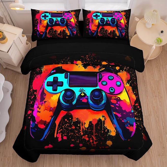 5 Pieces Twin Comforter Set for Boys,Gaming Comforter Sets for Boys,Kids Bedding Sets, Colorful Gamepad Controller,Game Bedding Set,Modern Gaming Boy Room Decor(Twin, Red)