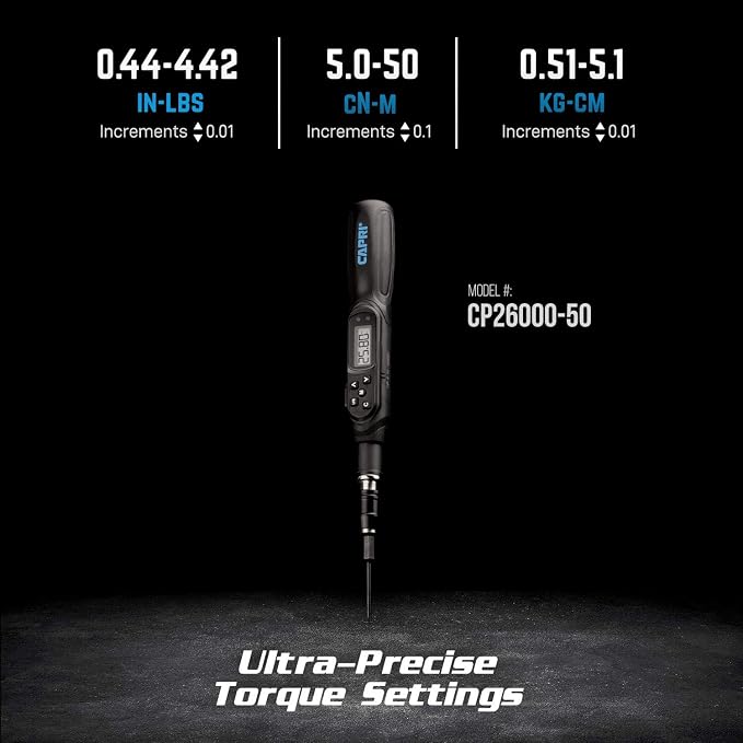 Capri Tools Digital Torque Screwdriver, Dual Direction, 0.44-4.42 in. lbs./5.0-50 cNm/0.51-5.1 kg-cm (CP26000-50)