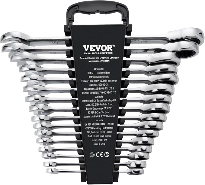 VEVOR Combination Wrench Set, 16-Piece Ratcheting Wrench Set with Organizer Rack, Cr-V Steel, Metric 8 mm to 24 mm, Ideal for General Household, Garage, Workshop, Auto Repairs, Emergency