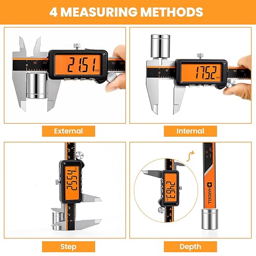HARDELL Digital Caliper, Rechargeable Calipers with Large Orange Screen (No Backlight), Anti-Glare LCD & ABS Function, in/MM Caliper Measuring Tool, Stainless Steel Micrometer -Auto Off for Household