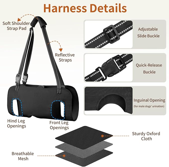 Full Body Dog Lift Harness, Support Senior & Disabled Dogs Walking | Help Up & Down Stairs Grooming, Dog Sling Backpack, Front Hind Leg Joint Injuries, Reflective, Soft Padded Handle | Black, XL