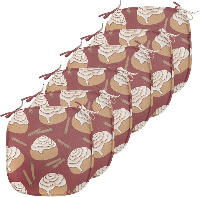 Lunarable Cinnamon Chair Seating Cushion Set of 6, Digitally Generated Delicious Cinnamon Rolls Dessert Patisserie Themed, Anti-Slip Seat Padding for Kitchen & Patio, 16"x16", Pale Maroon and Cocoa