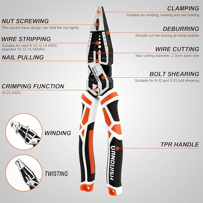 VANQUISH 2 Pcs Pliers Set, 8 Inch Multifunctional Linesman and Long Nose Plier, Wire Cutter/Crimper/Stripper, CRV Steel Heavy Duty Pliers