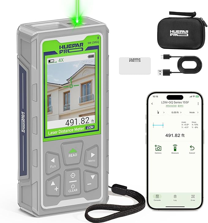 Huepar Pro Laser Measuring Tool, 495Ft Outdoor Laser Measure with Camera & Bluetooth Connected, Laser Distance Meter with P2P Technology, Free APP, IP68, Micro USB Cable, Hand Strap & Pouch - SW-150GQ