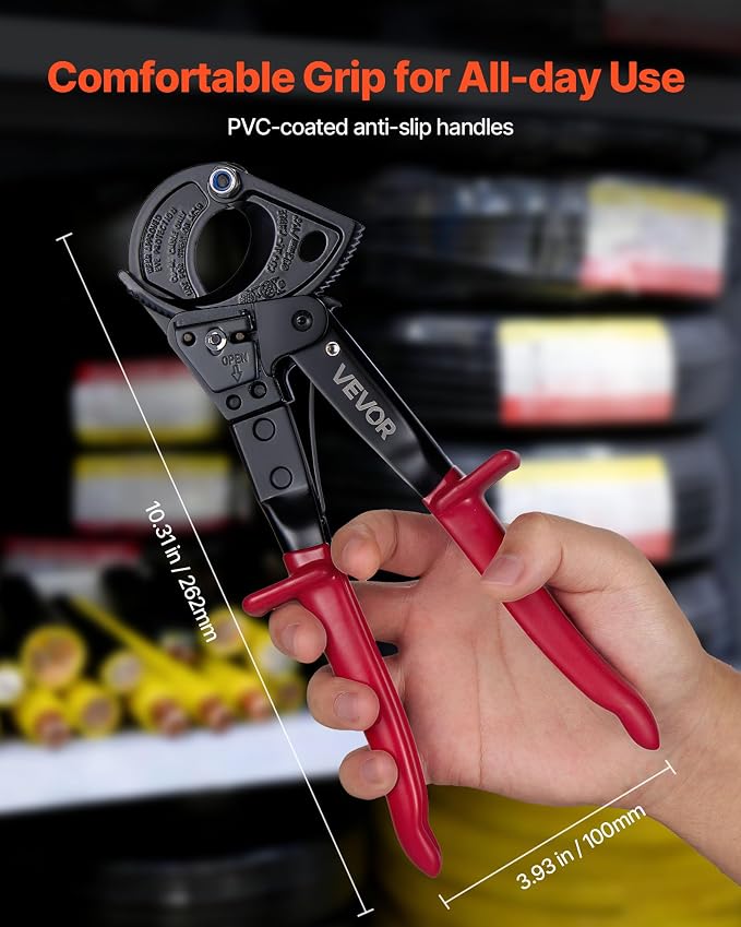 VEVOR Ratcheting Cable Cutter, Spring Steel Blades with PVC-Coated Handles, Quick-Release Button, Heavy Duty Ratchet Cable Wire Cutter for Cutting Copper & Aluminum Cables Up to 474 MCM / 240 mm²
