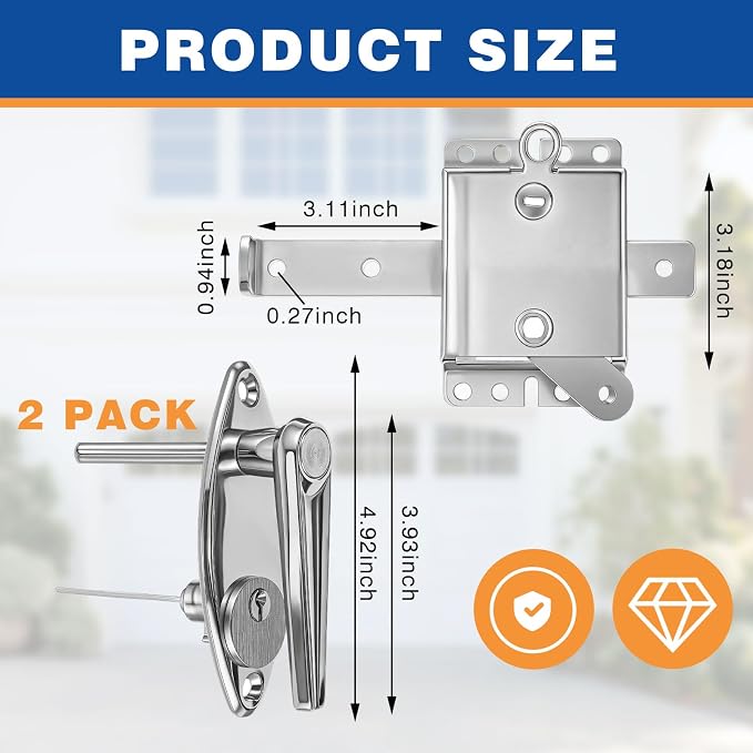 MorningRo 2 Sets Garage Door Lock Kit Universal L-Handle Lock with Inside Side Latch Keys Garage Door Repair Parts Replacement Hardware Kit for Home Improvement