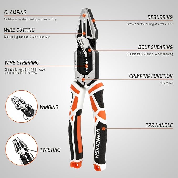 VANQUISH 2 Pcs Pliers Set, 8 Inch Multifunctional Linesman and Long Nose Plier, Wire Cutter/Crimper/Stripper, CRV Steel Heavy Duty Pliers