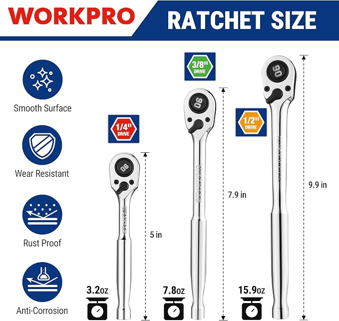 WORKPRO 3-Piece Low-Profile Ratchet, 90-Tooth Quick-Release Ratchet Wrench | 1/4", 3/8", 1/2" Socket Wrench for Men Women, Reversible, 4° Swing, CR-MO Compact Drive Head, Full Polished