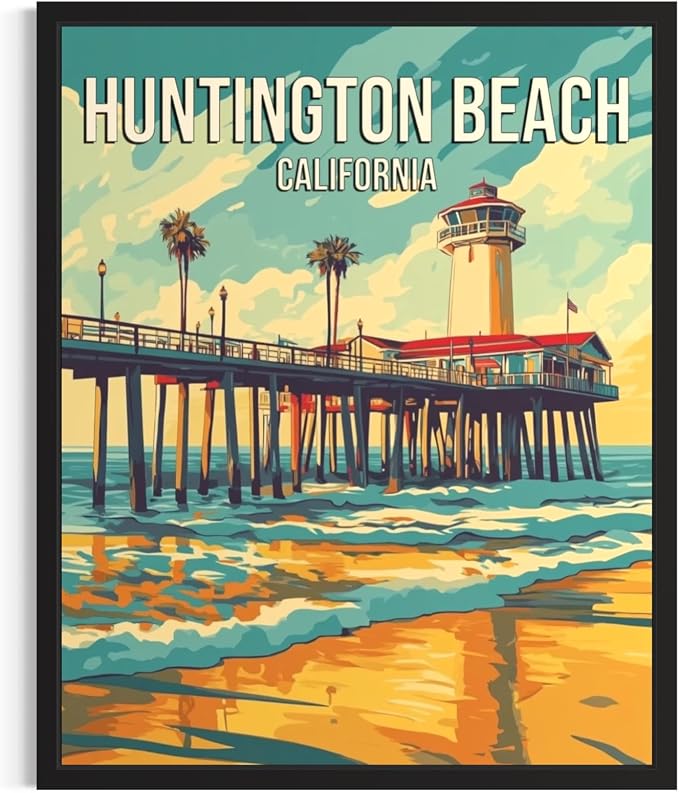 Huntington Beach California Black Framed Wall Art Print Poster, US Vintage Retro Beach Scenery Posters Prints for Restroom Home Picture Painting Artwork Gallery 219 (Huntington Beach California, 14"L x 11"W, Black Frame)