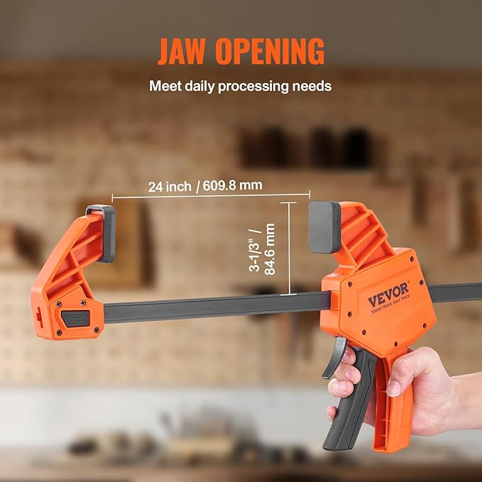 VEVOR Bar Clamps for Woodworking, 2-Pack 24" One-Handed Clamp/Spreader, Quick-Change F Clamp with 300 lbs Load Limit, High-strength Plastic and Carbon Steel, Wood Clamps for Woodworking Metal Working