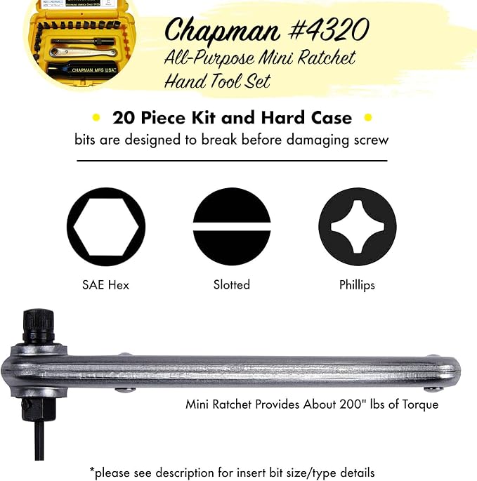 Chapman MFG 9600 Starter Slotted Screwdriver Set - 20 Pieces - Includes 14 Slotted Head Insert Bits, 2 Phillips, Mini Ratchet, Screwdriver Handle, Extension + Open Slots, USA Made (Yellow Case)