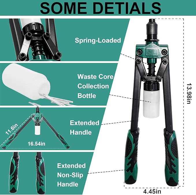 Heavy Duty Double Handle Rivet Gun, Professional Riveting Tool for Metal Working & Auto Repair, Handles 1/8” to 3/16” Rivets, with 3 Interchangeable Nosepieces & Storage Case