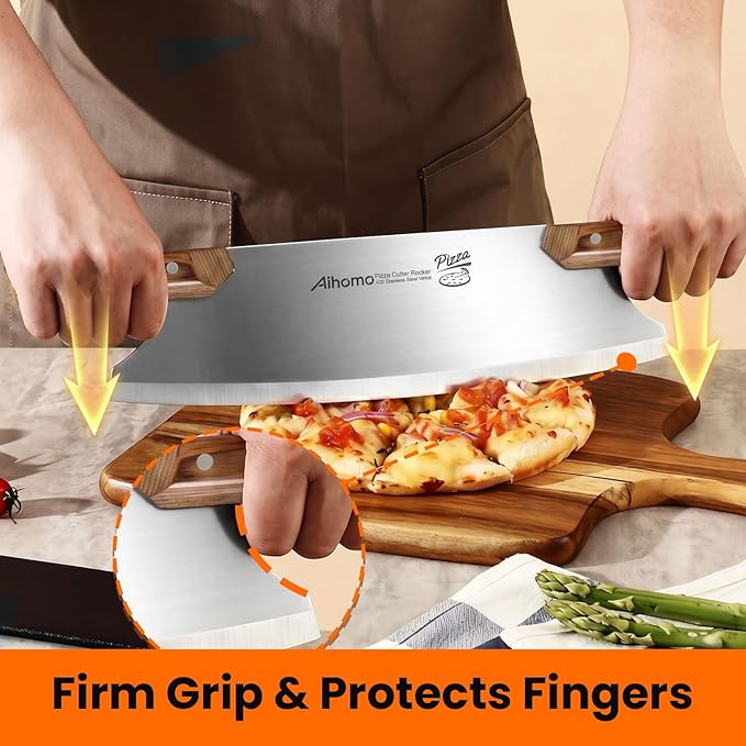 13” Sharp Pizza Cutter Rocker, 420J1 Japanese Stainless Steel Blade Slicer, Double Pakkawood Handle Pizza Knife Rocker with Protective Cover, Easy to Clean