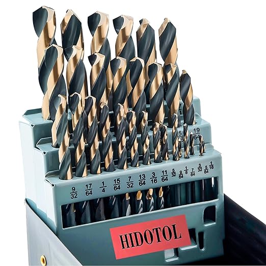HIDOTOL Drill Bit Set 29Pcs, 135 Degree Tip High Speed Steel with Black and Gold Finish, Stainless Steel, Plastic and Wood with Metal Indexed Storage Case 1/16"-1/2"
