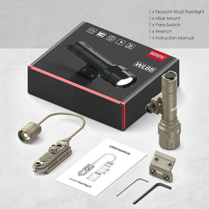 Feyachi Rifle Light 1200LM 22500Candela WL25 Tactical AR Flashlight LED Outdoor Light with Pressure Switch & Picatinny/Mlock Rail Mount, 3 Modes - High/Low/Strobe (Pic & Mlok-Khaki)