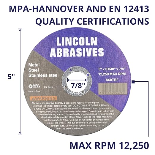 200 Pack 5" Cut-Off Wheels Lincoln Abrasives .040" Metal & Stainless Steel