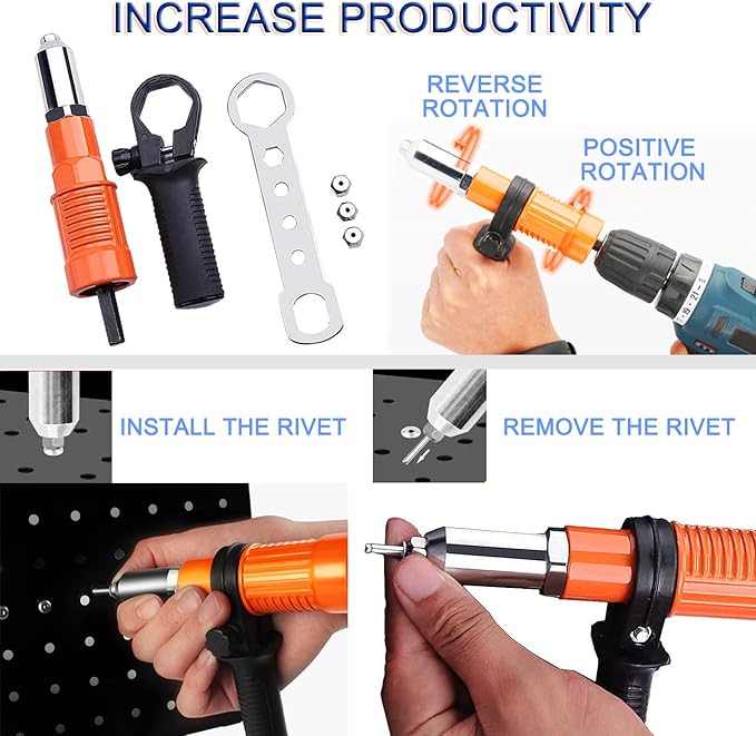 JONMON Electric Rivet Gun Adapter - Cordless Drill Metal Riveter-Blind Riveting Rivet Insert Nut Attachment Power Tool Kit with 3 Rivet Convertible Heads and Handle Wrench