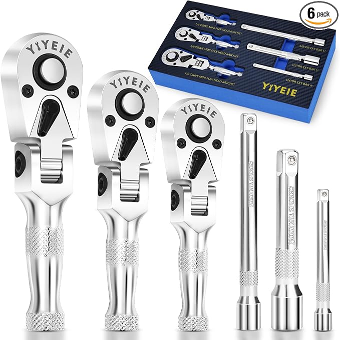 YIYEIE Stubby Flex Head Ratchet Set, 6PCS Stubby Ratchet Set 1/4 3/8 1/2 inch with 3 Extension Bars, 72 Tooth Reversible & Quick-Release, 180° Swivel Head Mini Handle with EVA Foam