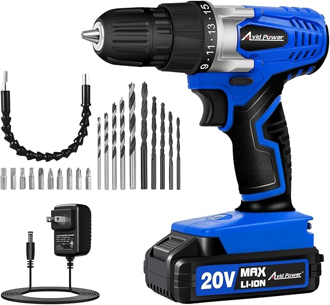 AVID POWER 20V Cordless Drill Set for Home DIY & Beginner Projects - Lightweight Power Drill with Battery Charger & 22 Bits, Variable Speed, 3/8" Keyless Chuck, Ideal for Furniture Assembly (Blue)