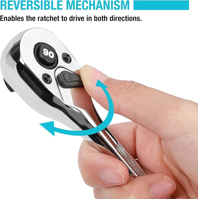 DURATECH 3-Piece Drive Ratchet, 90-Tooth Quick-Release Ratchet Wrench | 1/4", 3/8", 1/2" Socket Wrench for Men Women, Reversible, Cr-V Made, 4° Swing, Full Polished-with Plastic Insert Storage Box