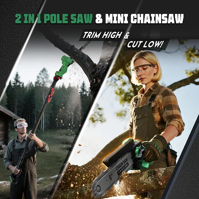 2-in-1 Electric Pole Saw for Tree Trimming,1200W Brushless Cordless Pole Saw & 8 Inch Mini Chainsaw with 2 x 4.0Ah 21V Batteries,16 FT Max Reach & Multi-Angle, Tree Trimmer for Branch Cutting.
