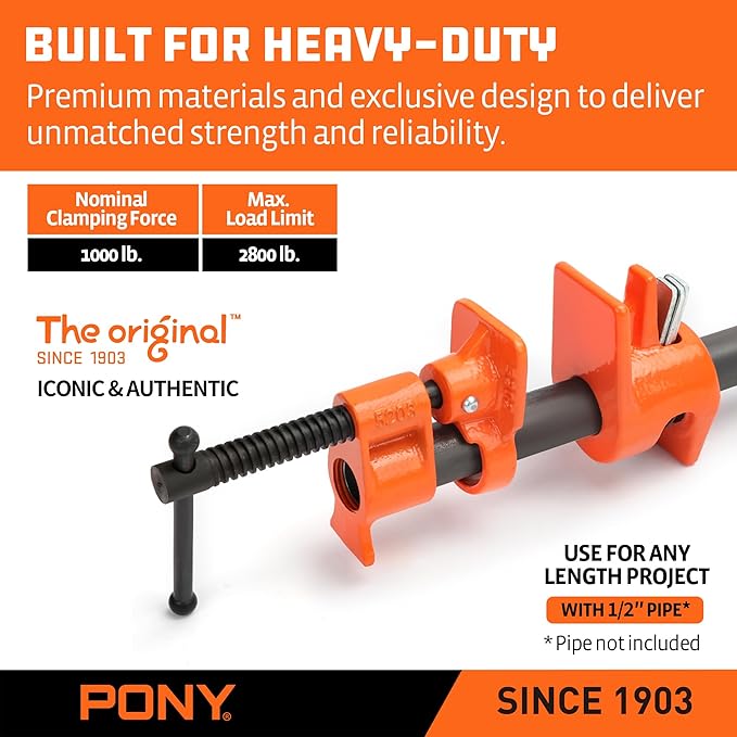 PONY ORIGINAL 2-Pack 52 Wood Gluing Pipe Clamp Fixture for 1/2 Inch Black Pipe