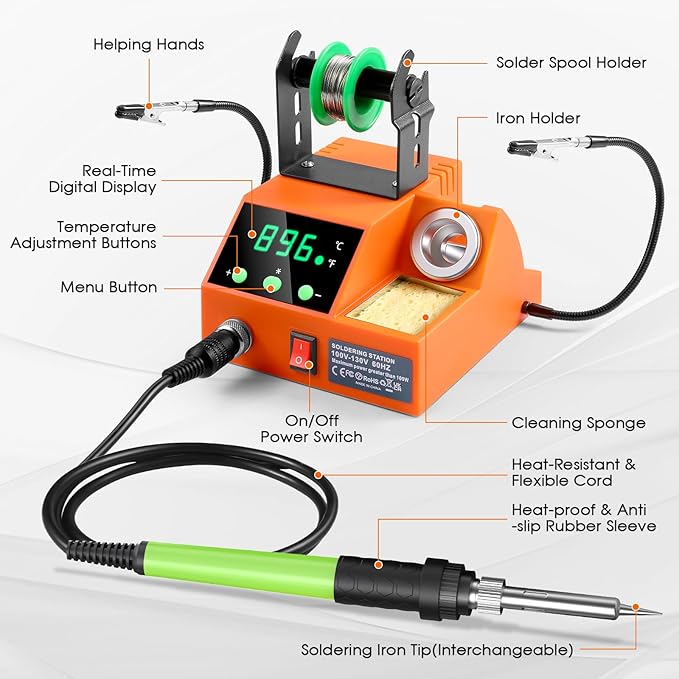 Soldering Station, 100W Digital Display Soldering Iron Station Kit with 2 Helping Hands, 356°F - 896°F, Auto Sleep, °C/°F Conversion, Solder Wire, Tips, Stand, Pump, Tweezers, Tip Cleaner, Orange