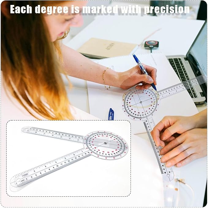 Goniometer Set 3 Pieces of 6/8/12 Inch, Transparent Orthopedic Angle Ruler Plastic Goniometer, 360 Degree Clear Protractor Physical Therapy for Body Measuring Tape Goniometer Protractor Ruler