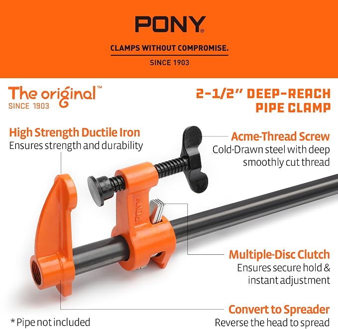 PONY Original Deep-Reach Pipe Clamp Fixture Set, 2 Pack 3/4″ Pipe Clamp Tools, 2.5″ Throat Depth, Reversible Spreader Heads, Multi-Disc Clutch for Woodworking, Carpentry, DIY