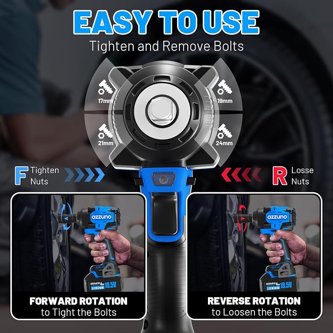 AZZUNO 1/2" Impact Wrench, 900N.m (665 Ft-lbs) Brushless Cordless Impact Driver, High Torque Electric Wrench With 2x 4.0Ah Battery, Charger & 4 CR-V Sockets, Led Light for Home Car Truck Tires