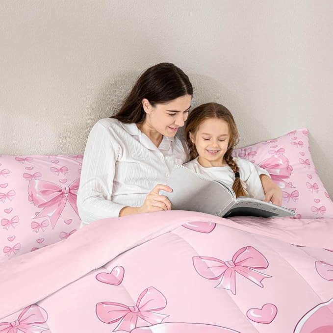 Feelyou Cute Pink Bowknot Comforter Set King Size Love Hearts Bow Bedding Set for Kids Boys Girls Princess Bow Duvet Quilt Bedroom Decor Microfiber 3 Pcs with 2 Pillow Cases