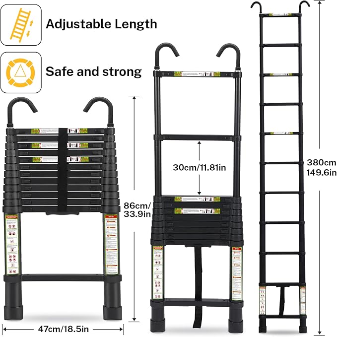 RIKADE Telescopic Ladder, 12.5 ft Aluminum Telescoping Ladder with Non-Slip Feet and Stable Hook, Portable Extension Ladder for Household and Outdoor Working, Max Load 330 lb, Black