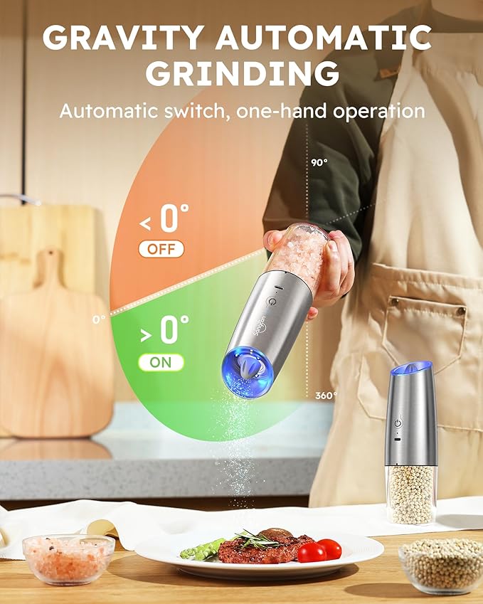 Sangcon Gravity Electric Salt and Pepper Grinder Set RECHARGEABLE Automatic Salt Pepper Shakers USB-C No Battery Needed - LED Light One Hand Operation, Adjustable Coarseness Pepper Mill Set