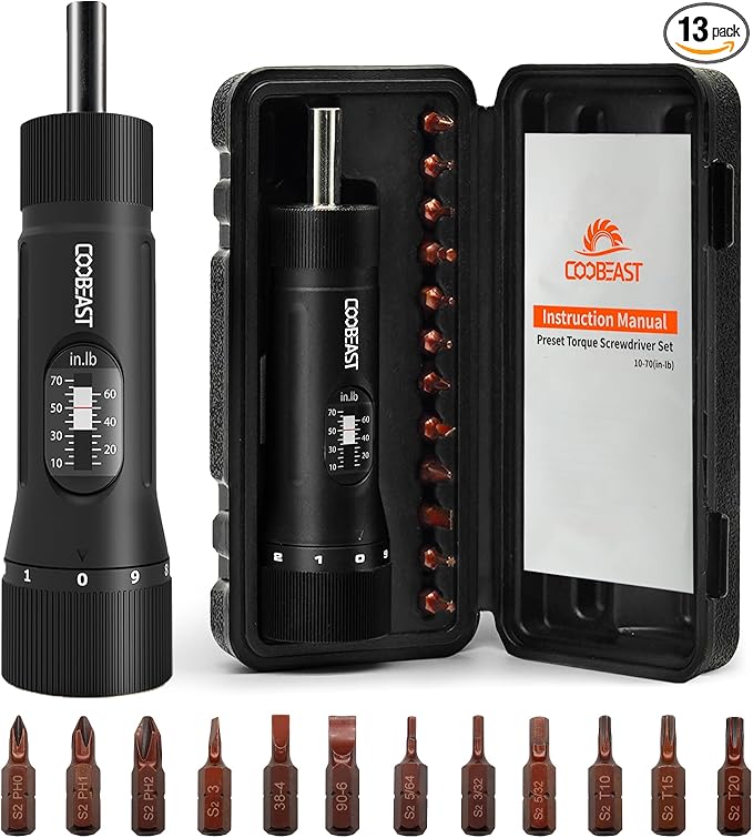 coobeast 13Pcs Preset Torque Screwdriver with S2 Bits, 1/4” Drive Torque Wrench Screwdriver Set for Maintenance, Tools, Bike Repairing and Mounting, Inch Pound Torque Range 10-70 In-lb