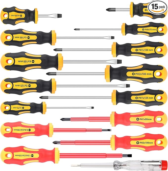 Amartisan 15-Piece Magnetic Screwdrivers Set, 5 Phillips Slotted Tips and Insulated Screwdriver Set (1000V)，Professional Cushion Grip