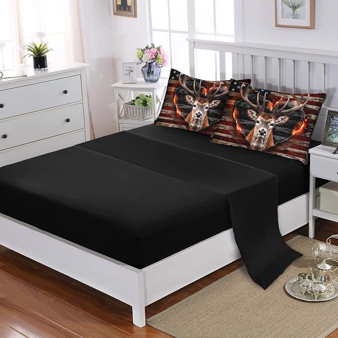 Deer Bedding Sets for Kids Boys Girls Room Decor,Hunting Themed American Flag Full Comforter Set with Sheets,7Pcs Western Camo Fluffy Comforter Set with Fitted Sheet,Flat Sheet,Pillowcases.