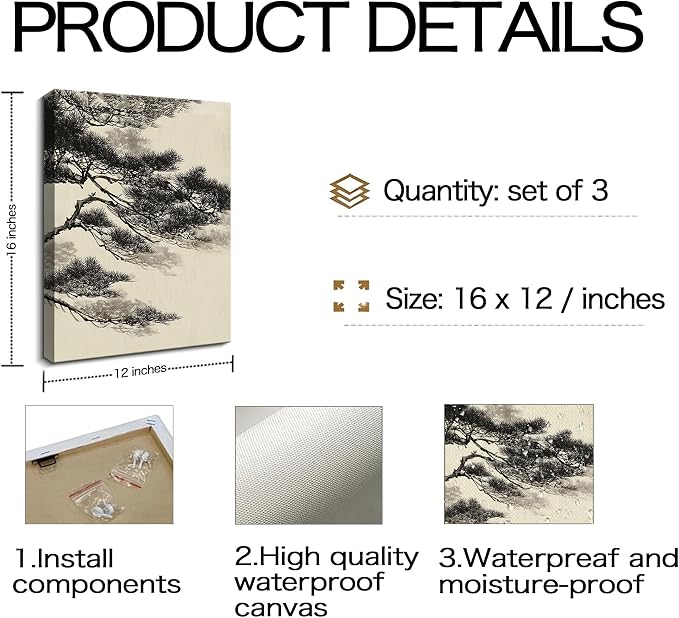 Frimeeme Vintage Sketch Pine Tree Framed Canvas Wall Art Set of 3, Antique Wilderness Forest Wall Decor, Nature Botanical Landscape, 12x16 Inch，Modern Landscape Prints for Living Room Bedroom, 12x16 Inch