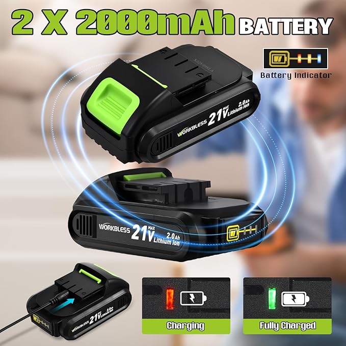 WORKBLESS 21V Power Drill Set, Cordless Drill with Batteries and Charger, 3/8'' Keyless Chuck, Variable Speed, 18+1 Torque Setting and 28pcs Bits Tool Set(Green, 2 Batteries)