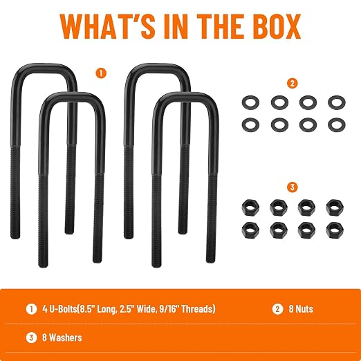 Square Bend U-Bolts, 8.5" Long x 2.5" Wide x 9/16" Thread