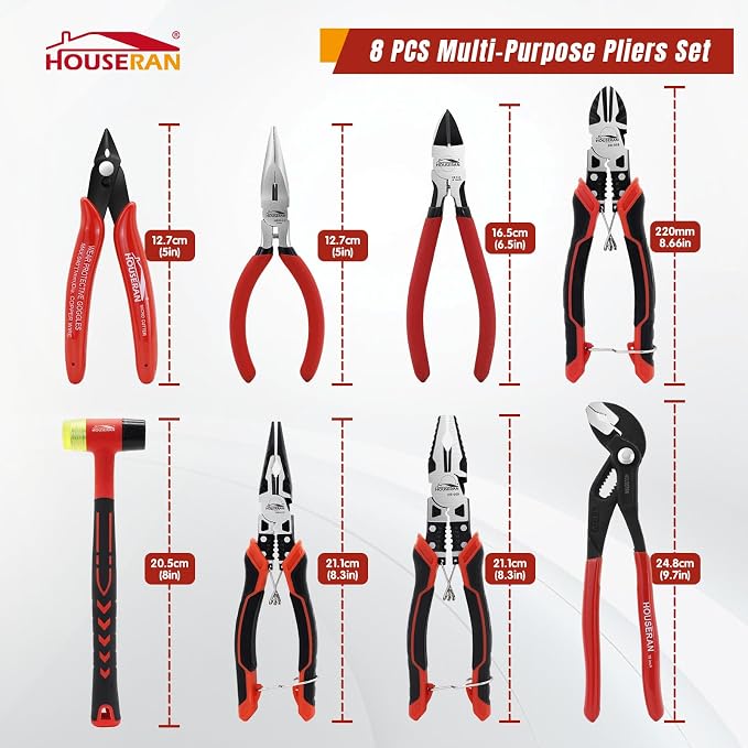 8 PCS Pliers Set with Case for DIY & Home Use | 10” Slip Joint, 8.3” Long Nose, 8.3” Linesman, 7.5” Diagonal, 6” Flush Cutter, 5” Long Nose, 5” Cutter, 25mm Rubber Mallet